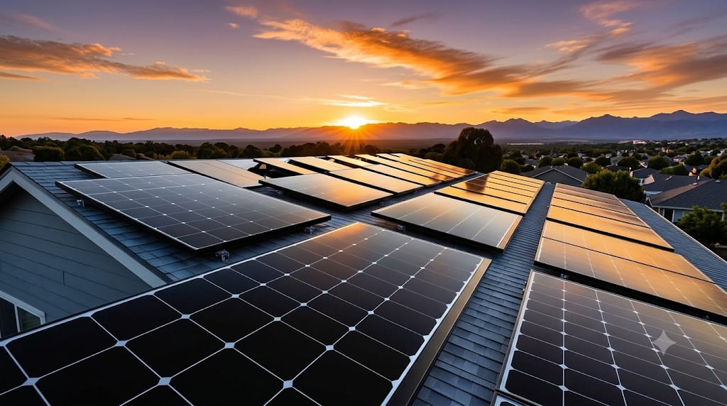 Photovoltaikanlage auf einem Hausdach bei Sonnenuntergang