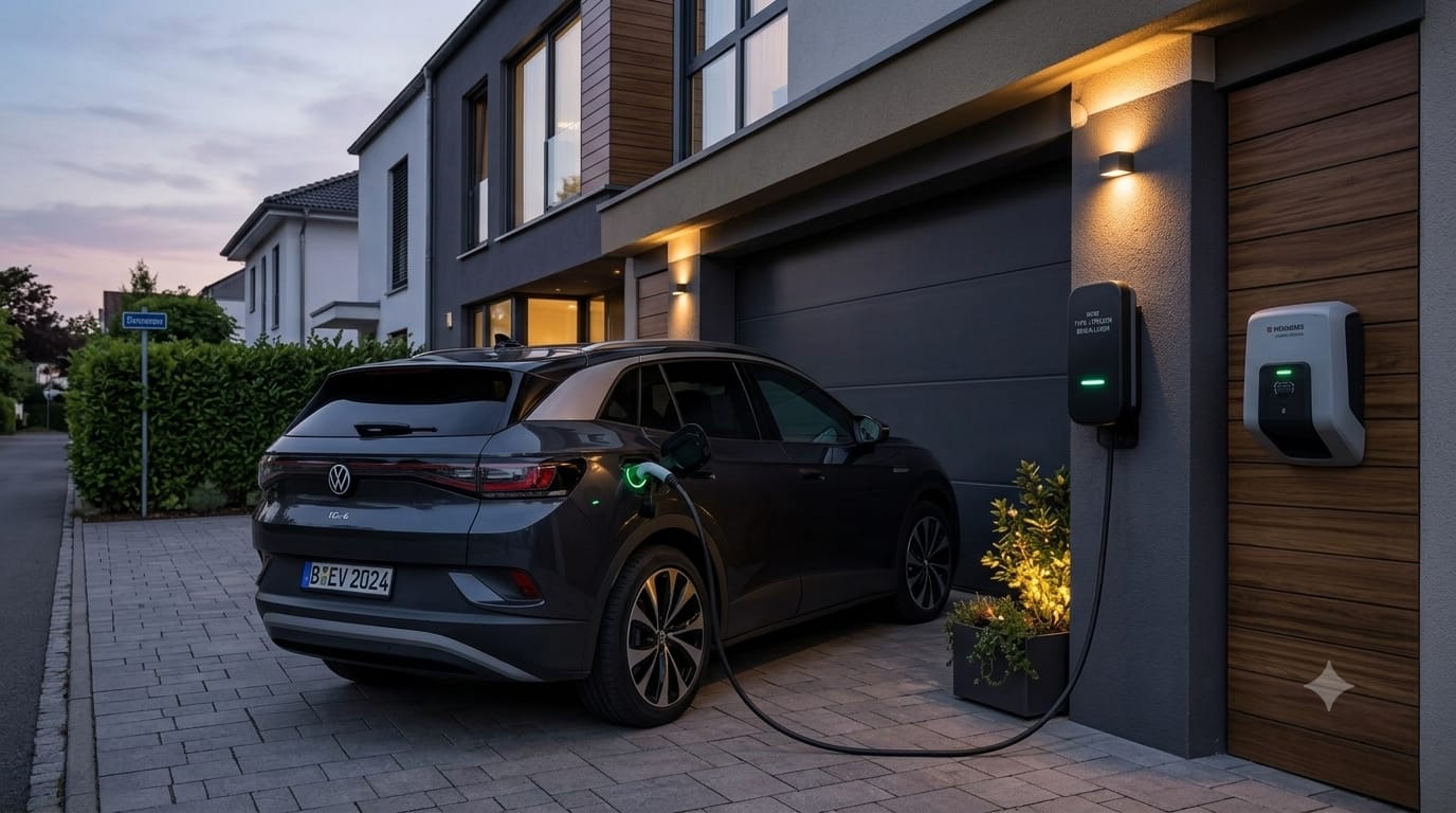 Elektrofahrzeug lädt an einer Wallbox am Haus